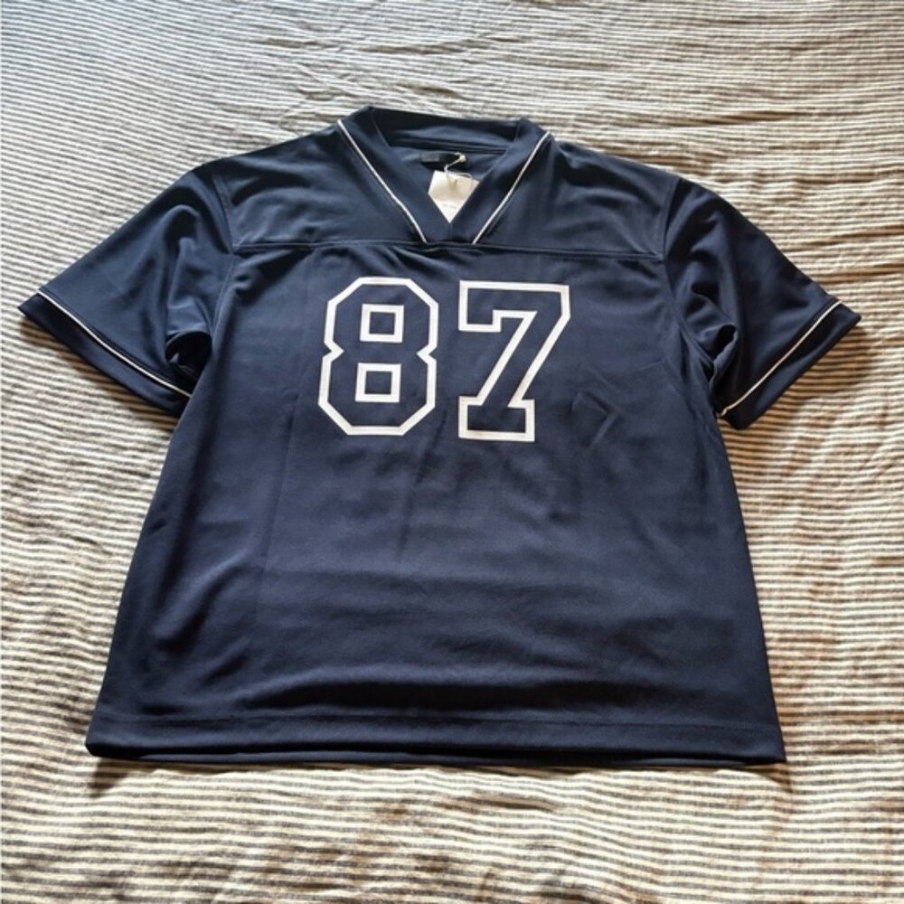 NWT OAK + FORT Midnight Blue Football Jersey 87 Top